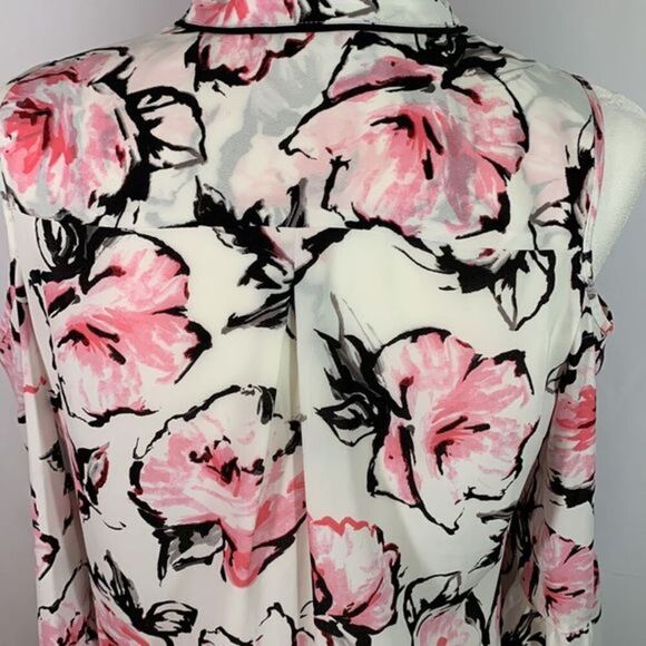Karl Lagerfeld White, Black & Pink Floral Cold Shoulder Blouse Top - Picture 7 of 12